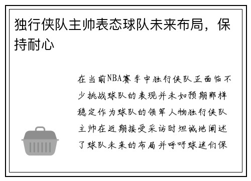 独行侠队主帅表态球队未来布局，保持耐心